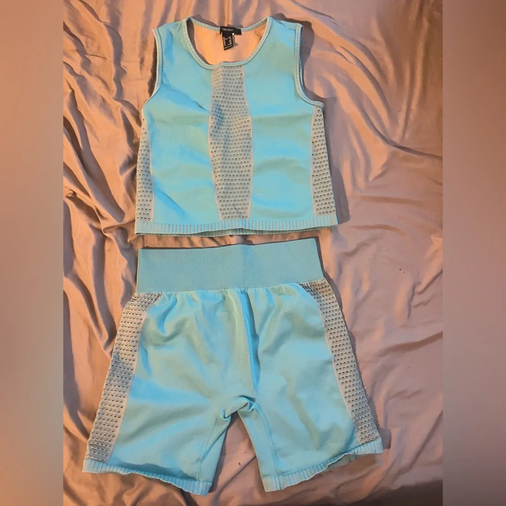 Trendy Blue Mesh Top and Shorts Set - Picture 2 of 5